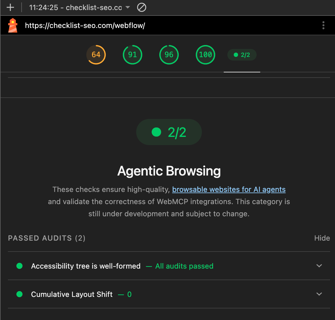 The Lighthouse agentic browsing audit on my site, showing an orange score