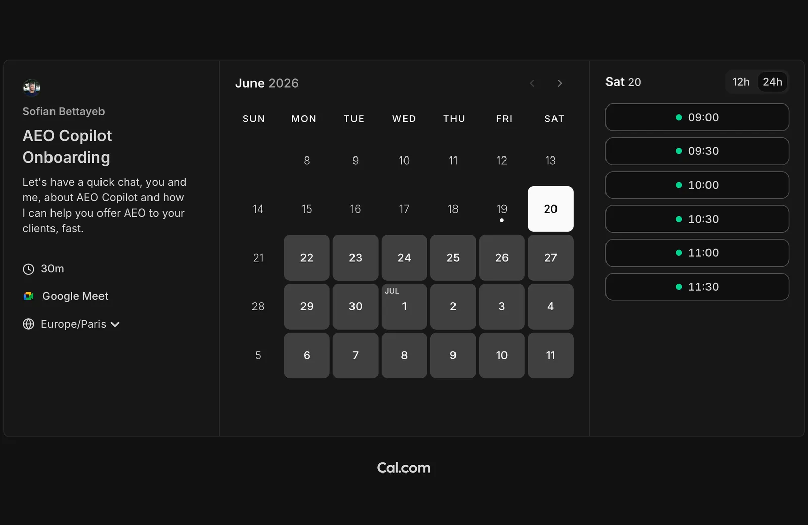Cal.com booking page for the AEO Copilot onboarding call, a 30-minute Google Meet