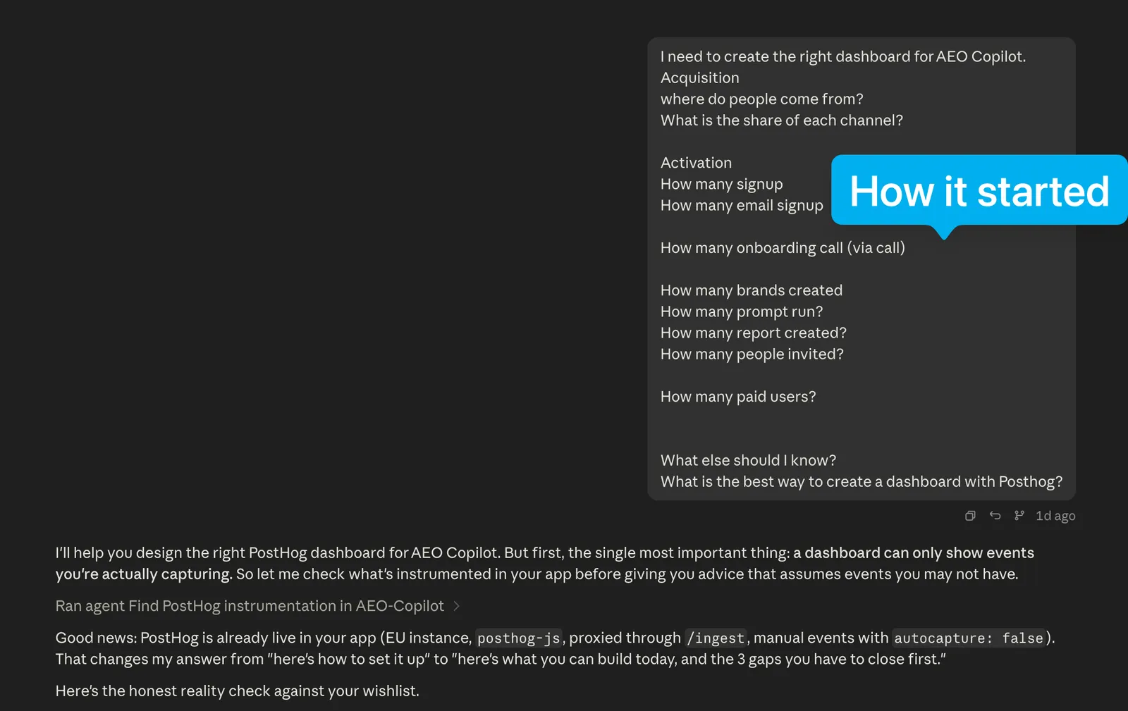 Claude Code adding PostHog event tracking inside the product's code