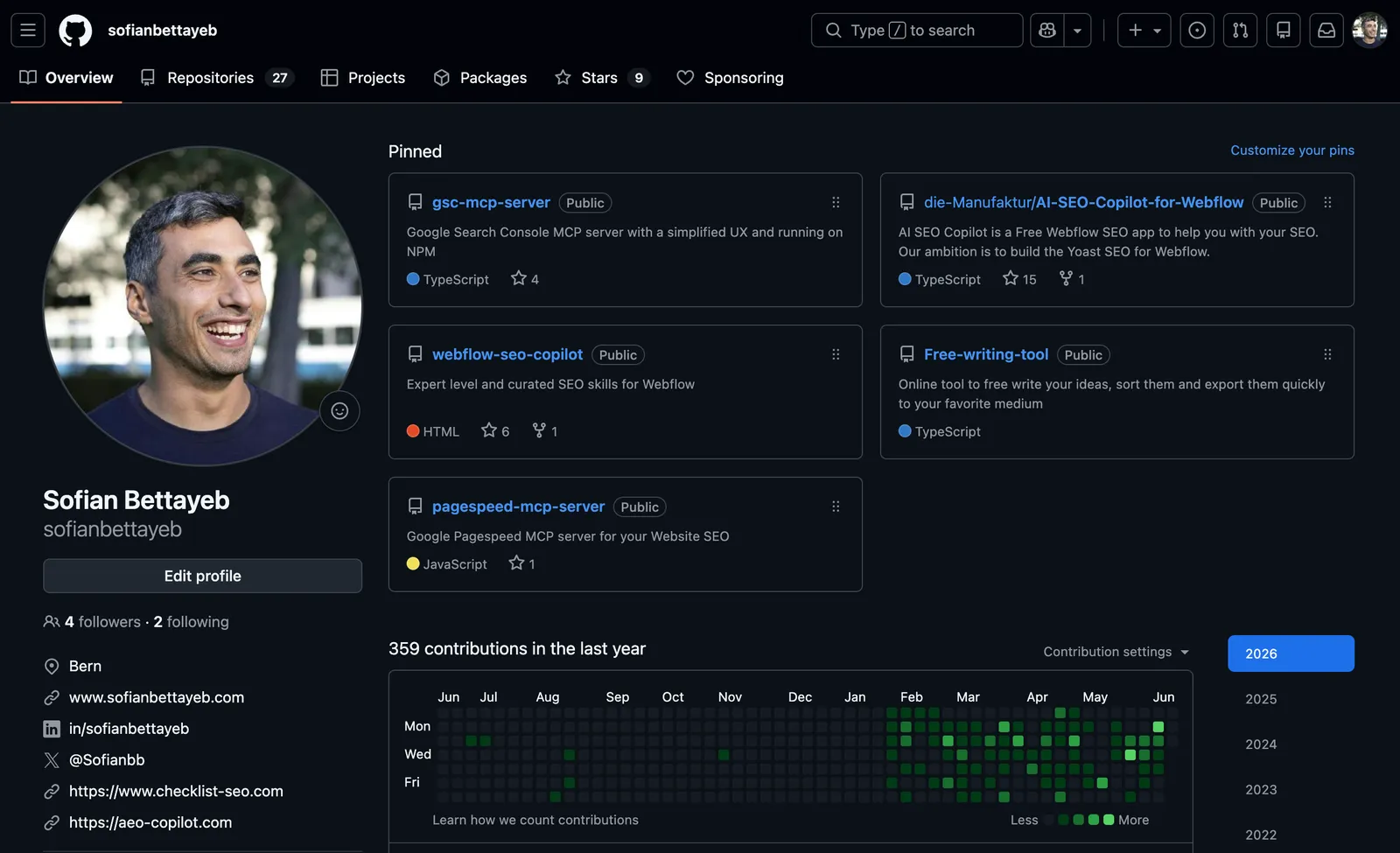 Sofian Bettayeb's GitHub profile with pinned repositories including the Google Search Console MCP server and webflow-seo-copilot