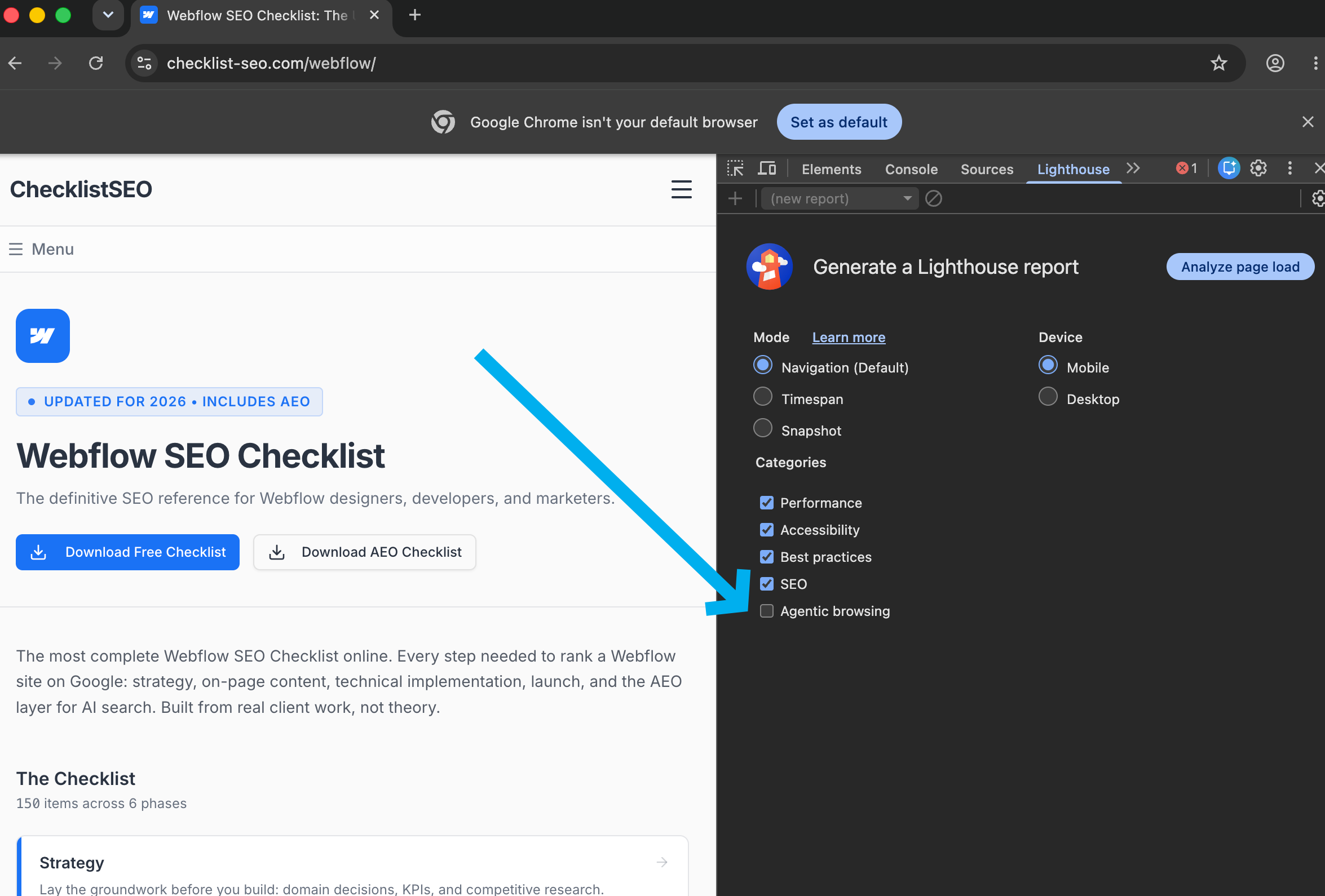 The Agentic browsing checkbox in Lighthouse, ticked before running the audit