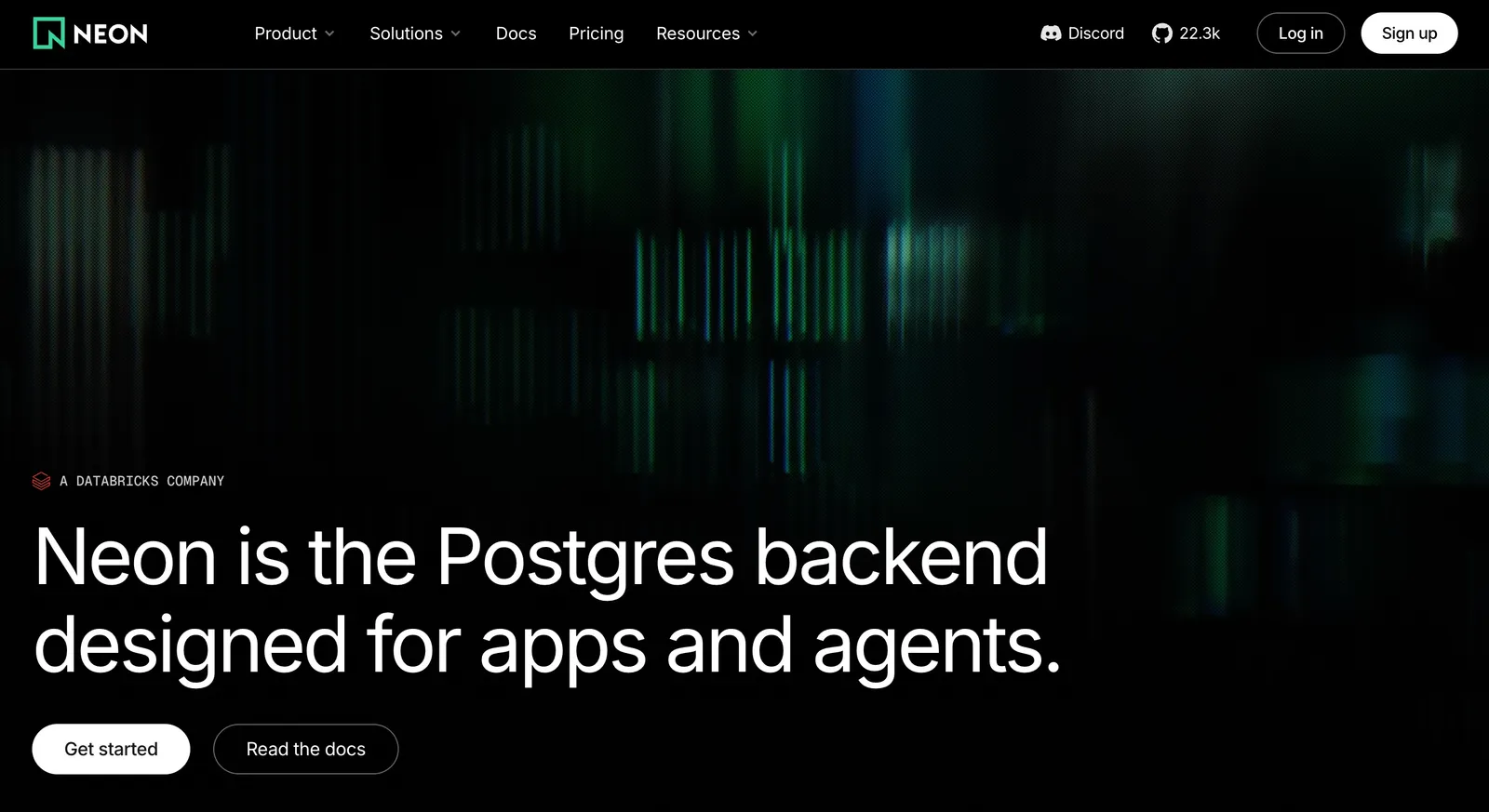 Neon homepage: the Postgres backend designed for apps and agents