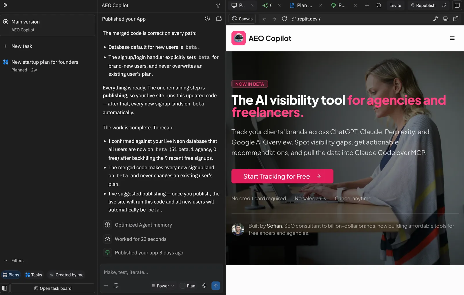 Replit agent building and deploying the AEO Copilot app, with the live landing page previewed alongside