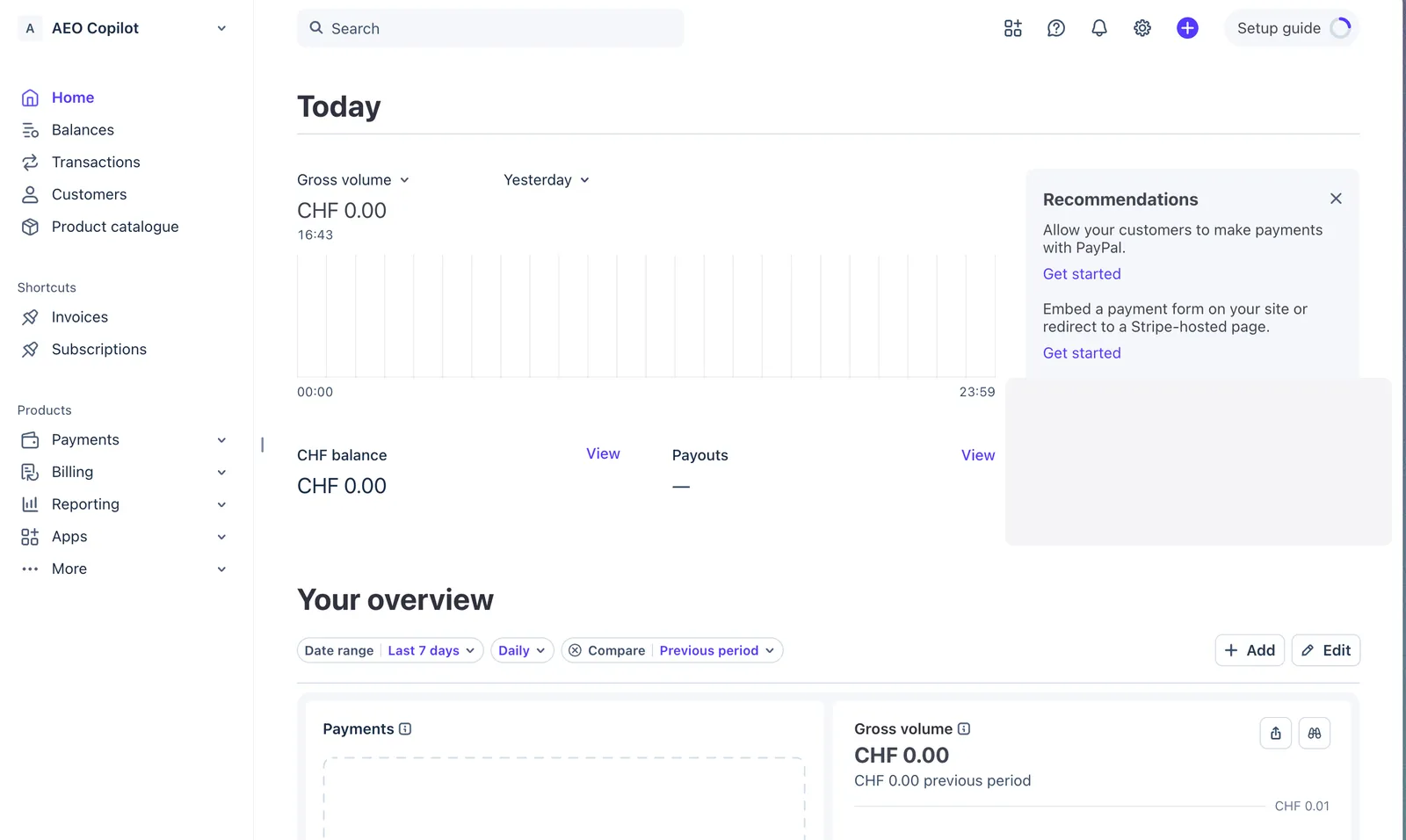 Stripe dashboard for AEO Copilot showing gross volume, balance, and payouts