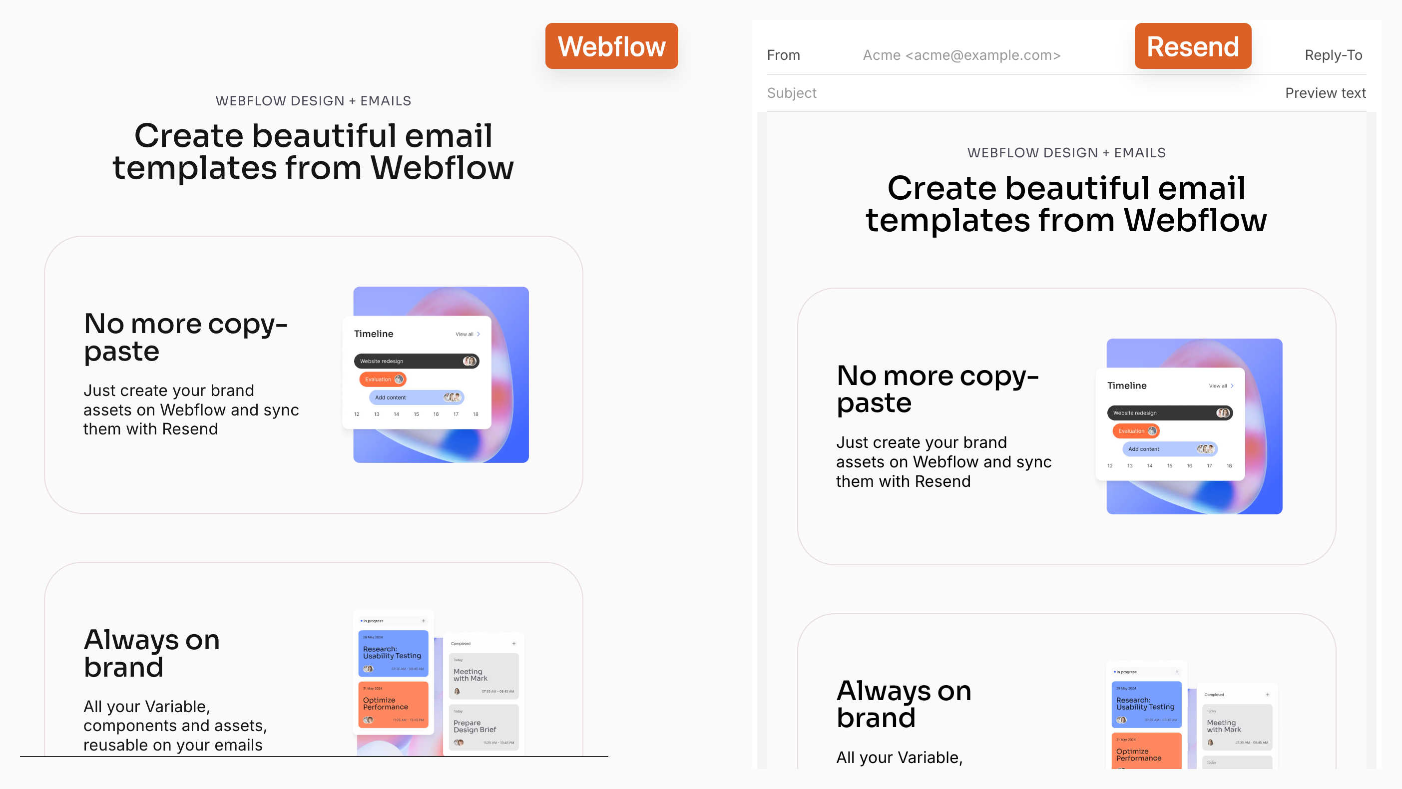 Webflow email page synced to Resend — same design, two destinations